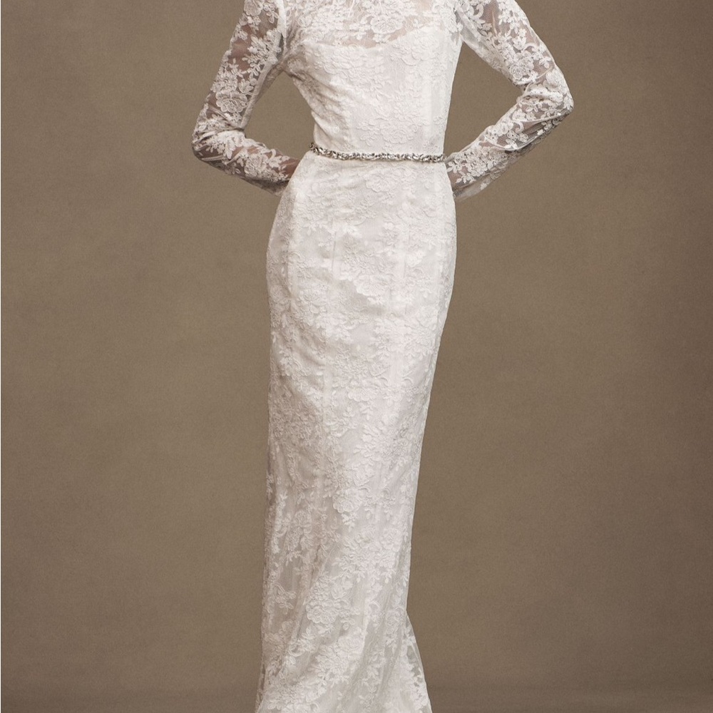 V. Chapman White Lace Long-Sleeve Maxi Gown with Jeweled Belt